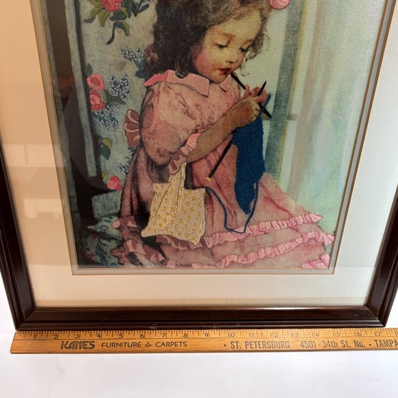 Vtg “Alice Knitting” Crewel Embroidery Framed Jessie Wilcox Smith Art 22x17” - Picture 9 of 10